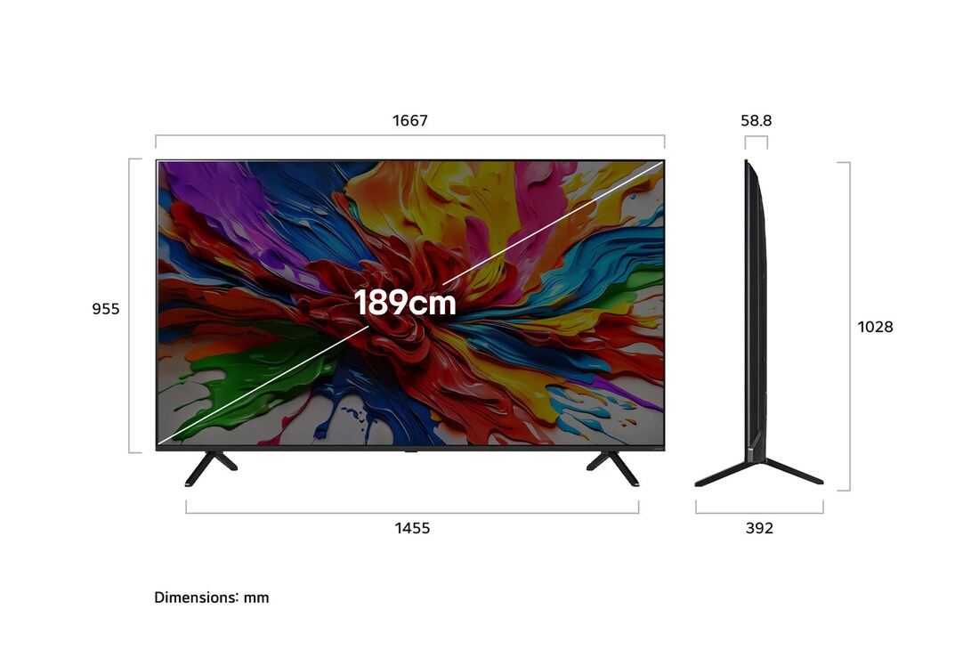 Front view and side view of LG QNED AI QNED92 4K Smart TV showing its length, width, height, and depth dimensions. 