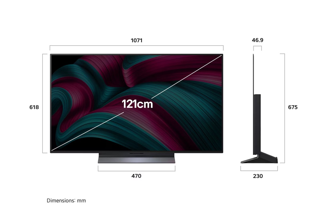 Front view and side view of LG OLED evo AI C5 4K Smart TV showing its length, width, height, and depth dimensions.