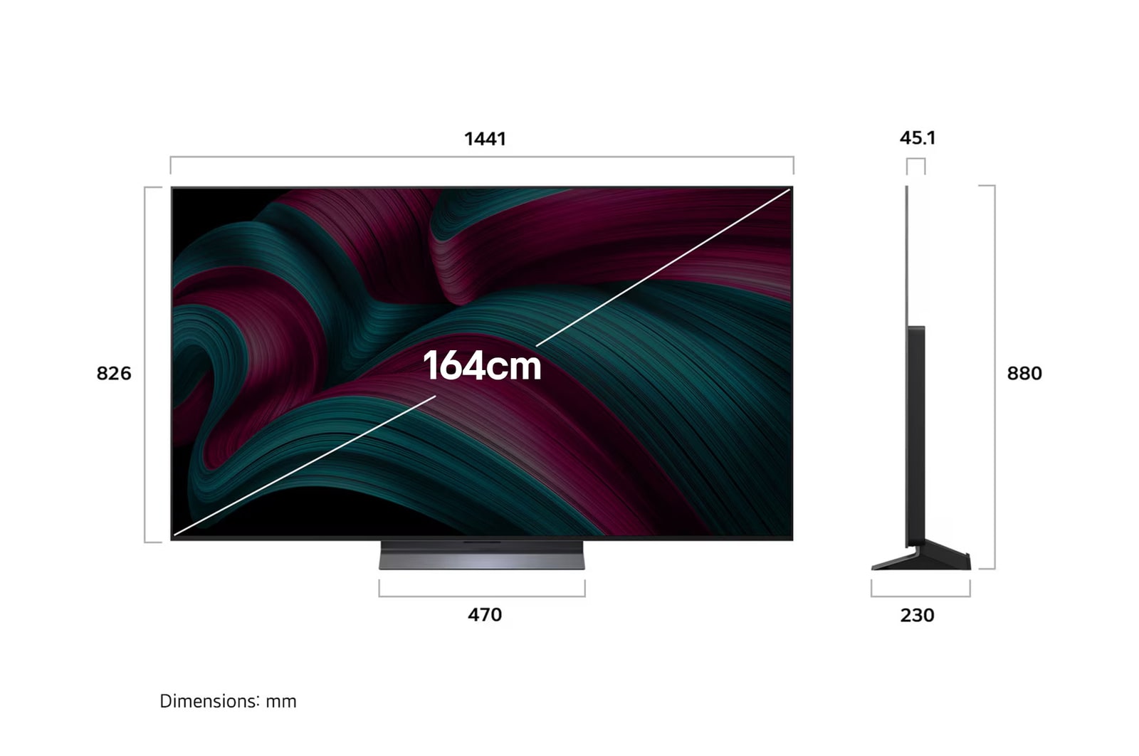 Front view and side view of LG OLED evo AI C5 4K Smart TV showing its length, width, height, and depth dimensions.