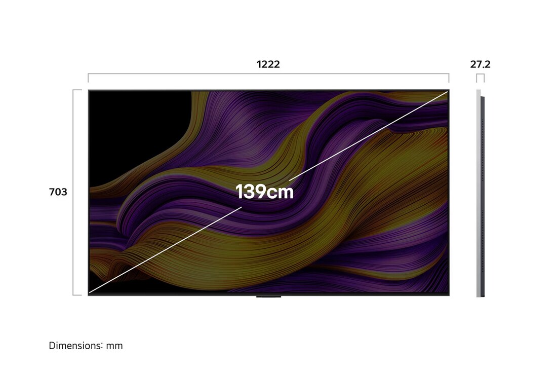 Front view and side view of LG OLED evo AI G5 4K Smart TV showing its length, width, height, and depth dimensions.