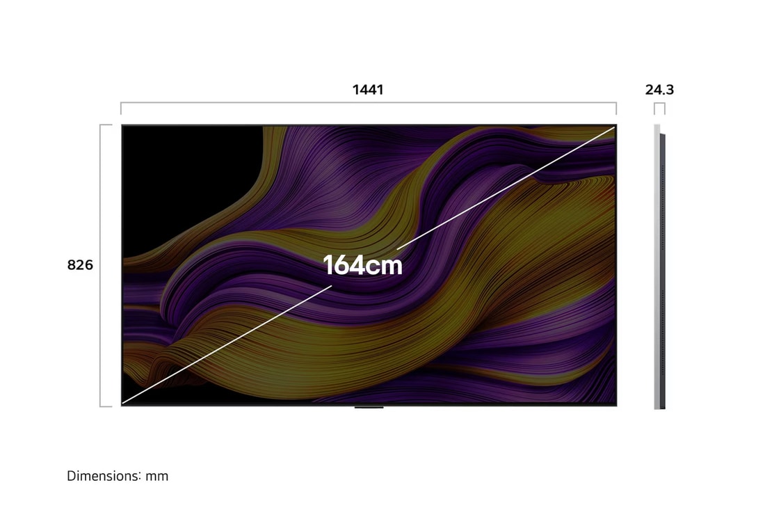 Front view and side view of LG OLED evo AI G5 4K Smart TV showing its length, width, height, and depth dimensions.