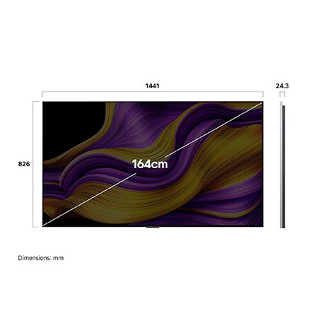Front view and side view of LG OLED evo AI G5 4K Smart TV showing its length, width, height, and depth dimensions.