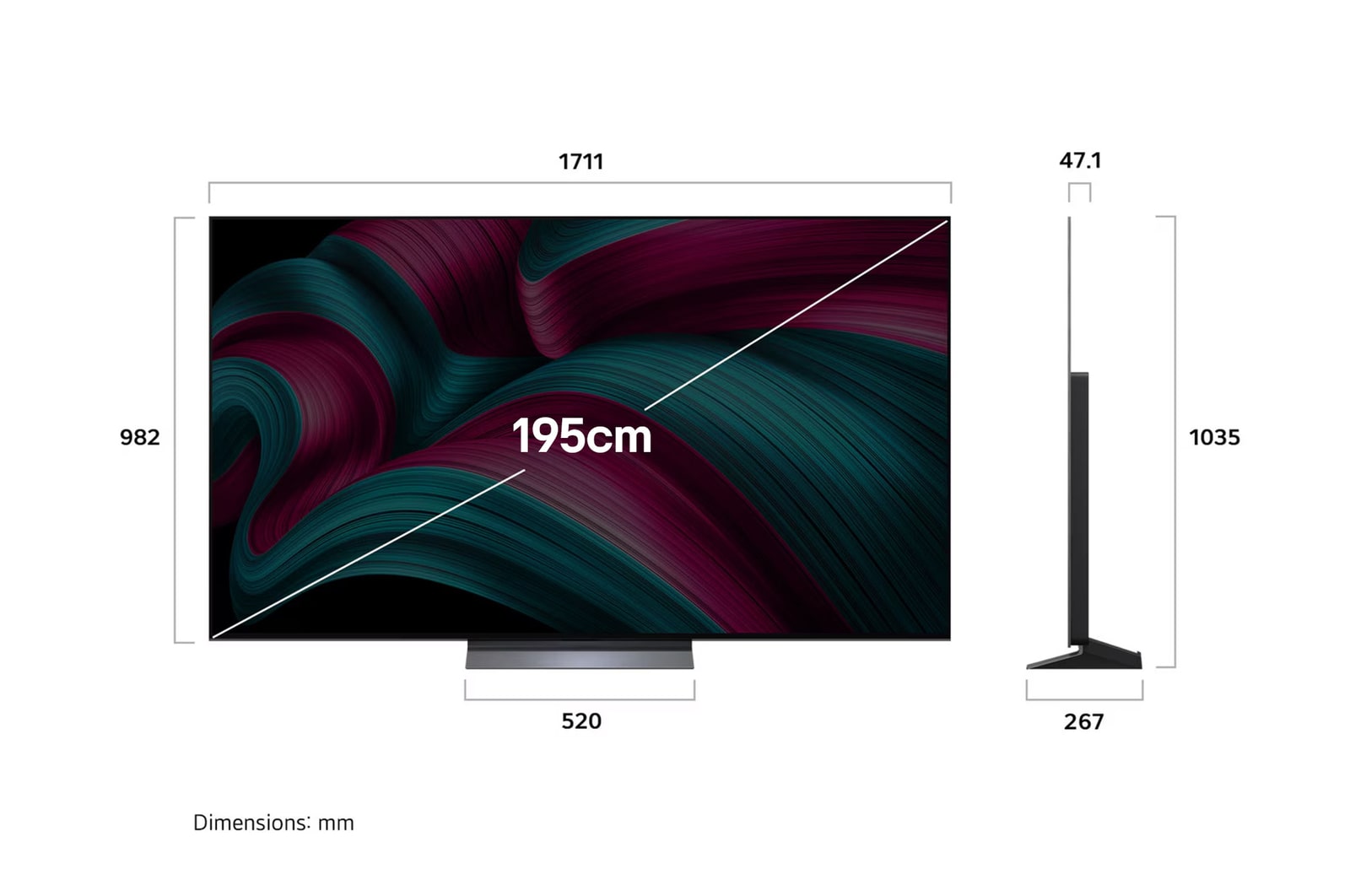 Front view and side view of LG OLED evo AI C5 4K Smart TV showing its length, width, height, and depth dimensions.