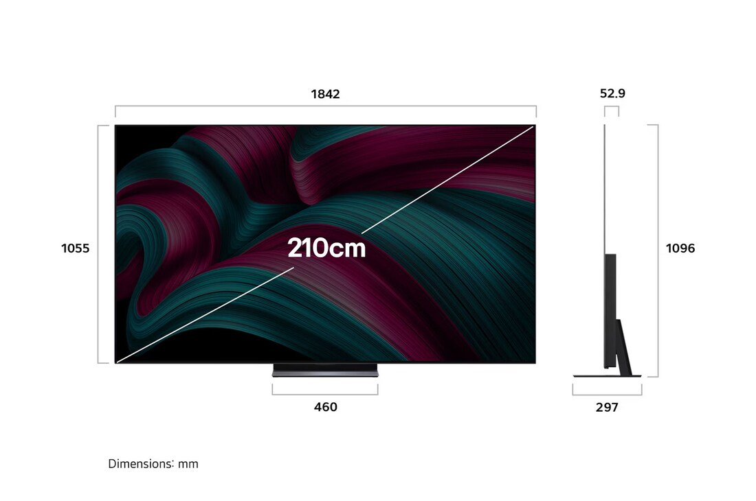 Front view and side view of LG OLED evo AI C5 4K Smart TV showing its length, width, height, and depth dimensions.
