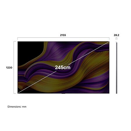 Front view and side view of LG OLED evo AI G5 4K Smart TV showing its length, width, height, and depth dimensions.