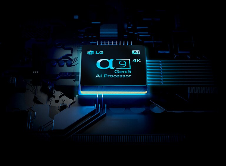 LG LX1QPSA LG ⍺9 Gen5 AI Processor 4K chip seen with bars of light emitting from it.