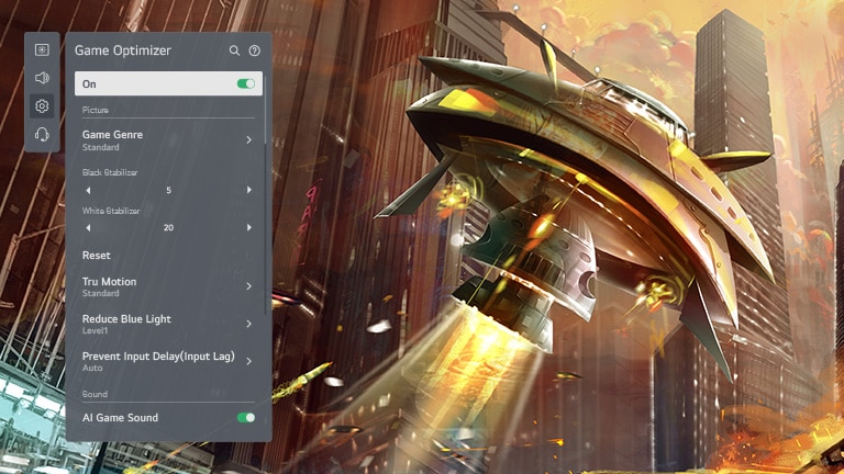 A TV screen displaying a spaceship shooting in a city and LG OLED game optimizer GUI on the left that adjusts game setting.