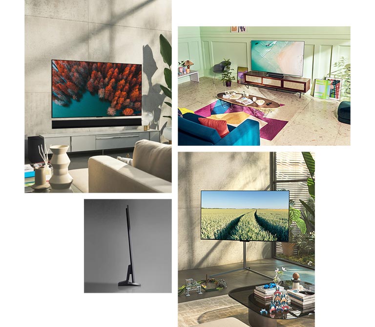 "An LG OLED G2 is hung on the wall in a neutral-colored living room with plants and rustic ornaments. An LG OLED G2 sits on a TV stand in a mint green room with colorful art and furnishings. An LG OLED G2 with Gallery Stand is in the corner of a room in a family home.  A side view of the ultra-slim edge of LG OLED G2."