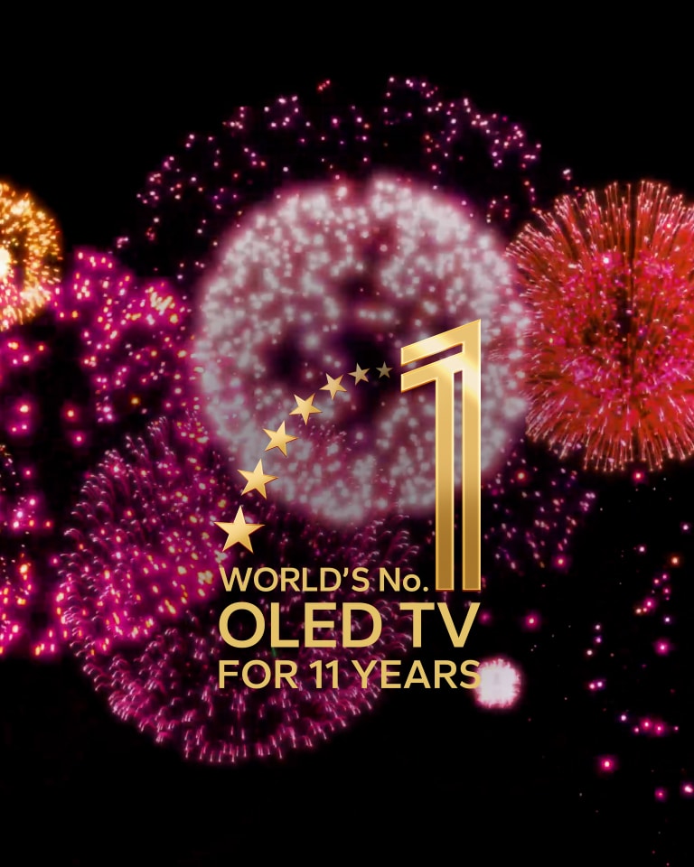 A video shows the 11 Years World's No.1 OLED TV emblem appear gradually against a black backdrop with purple, pink, and orange fireworks.	