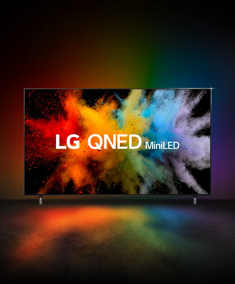 Typo-motion of QNED and NanoCell overlap and explode into color powder. LG QNED miniLED logo appears on TV.