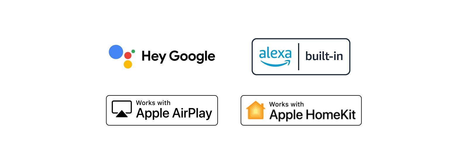 There are four logos displaced in order – Hey Google, alexa built-in, Works with Apple AirPlay, Works with Apple HomeKit.