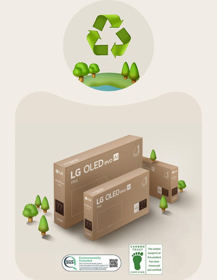 LG OLED packaging against a beige background with illustrated trees. 	