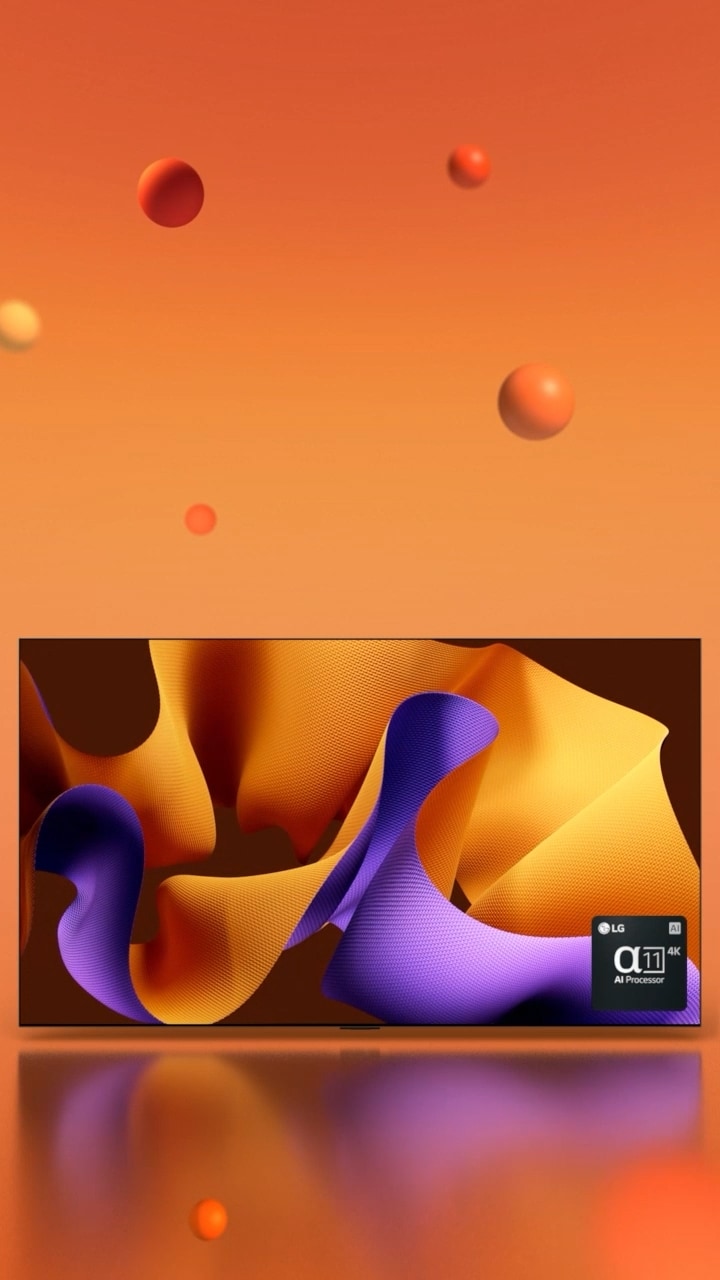 LG OLED G4 facing 45 degrees to the right with a purple and orange abstract artwork on screen against an orange backdrop with 3D spheres, then the OLED TV rotates to face the front. On the bottom right there is an logo of LG alpha 11 AI processor.