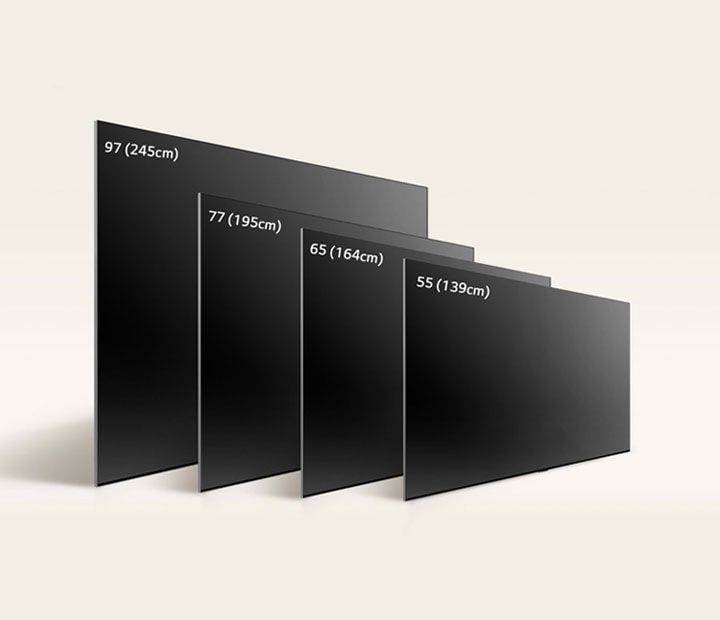 Comparing LG OLED TV, OLED G4's varying sizes, showing OLED G4 55", OLED G4 65", OLED G4 77", OLED G4 83", and OLED G4 97".