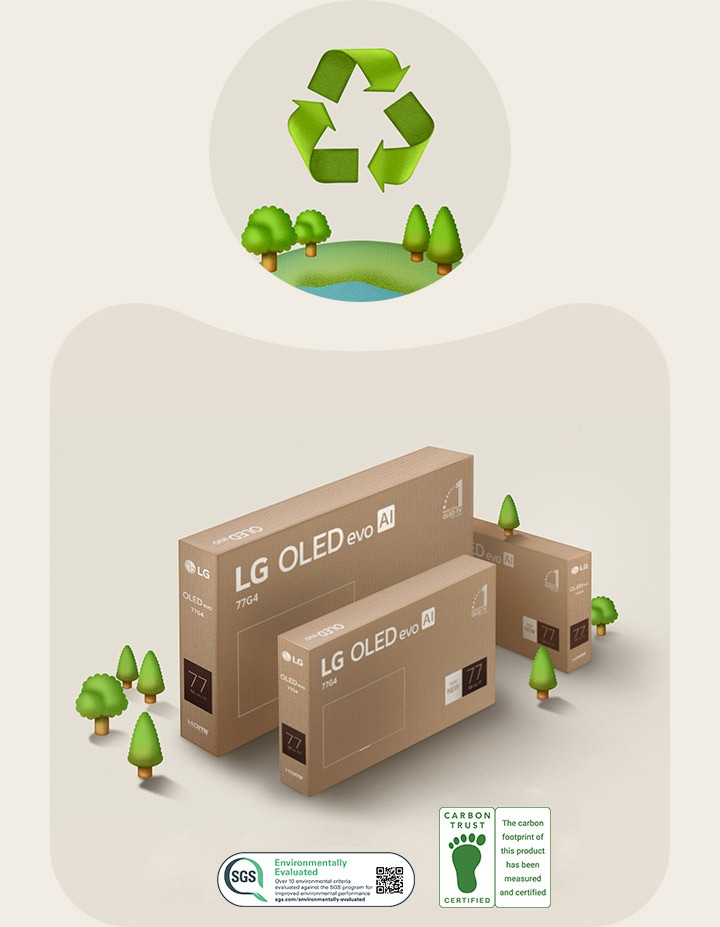 LG OLED packaging against a beige background with illustrated trees. 