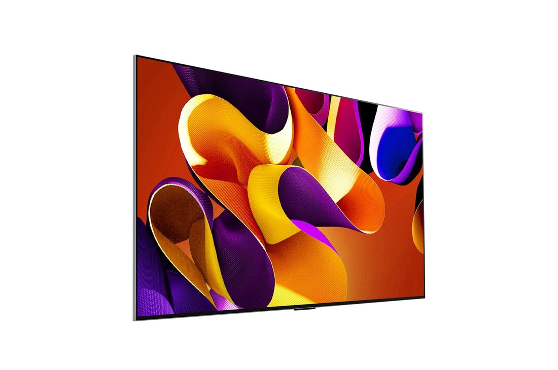 Slightly-angled left-facing side view of LG OLED evo TV, OLED G4 on the wall