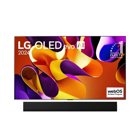 Front view with LG OLED evo TV, OLED G4, 11 Years of world number 1 OLED Emblem and webOS Re:New Program logo on screen