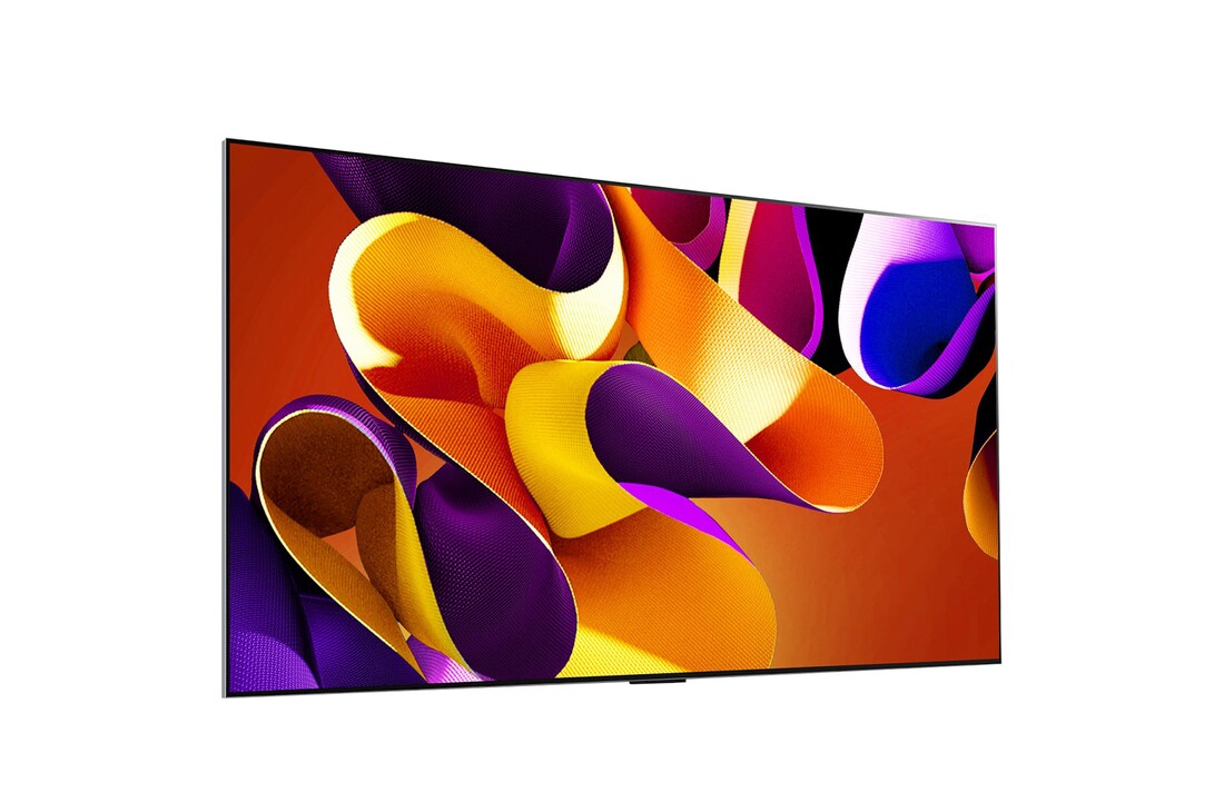 Slightly-angled right-facing side view of LG OLED evo TV, OLED G4 on the wall