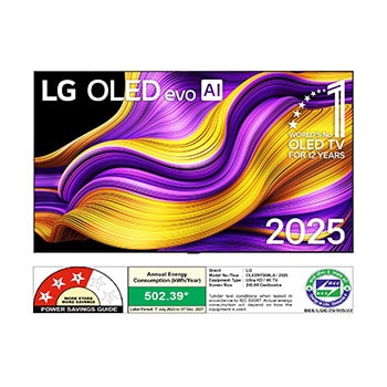 Front view of LG OLED evo AI G5 4K Smart TV. 12 Years of world number 1 OLED emblem and LG OLED evo AI 2025 logo are on the screen.