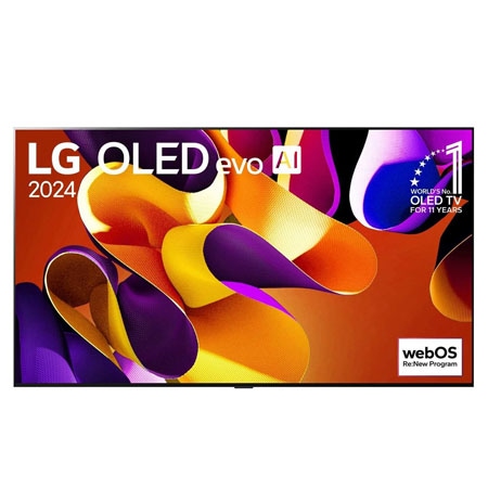 Front view with LG OLED evo TV, OLED G4, 11 Years of world number 1 OLED Emblem and webOS Re:New Program logo on screen