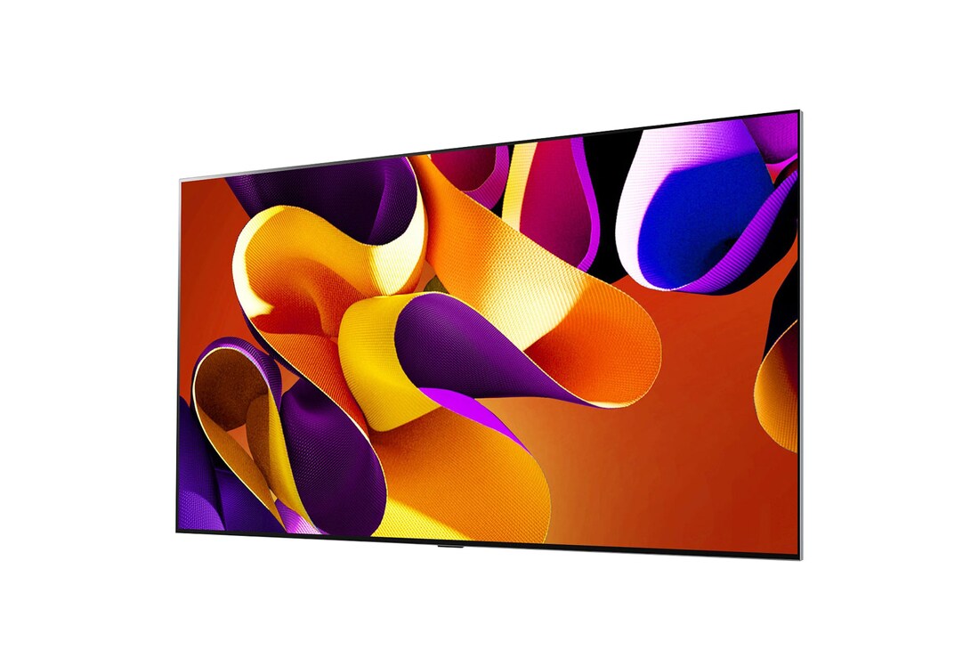 Slightly-angled left-facing side view of LG OLED evo TV, OLED G4 on the wall