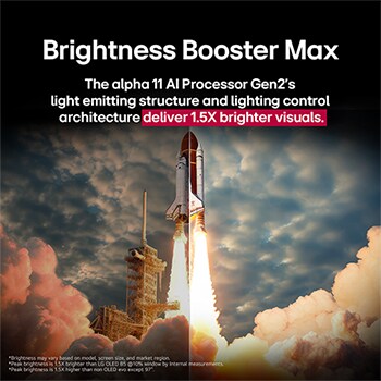 A space shuttle launching from the ground. The scene is split in the middle with one half slightly darker and duller. The other half shows how the rocket blast is remarkably bright, demonstrating how bright visuals can be on an LG OLED TV screen with the light emitting structure and lighting control architecture of Brightness Booster Ultimate.