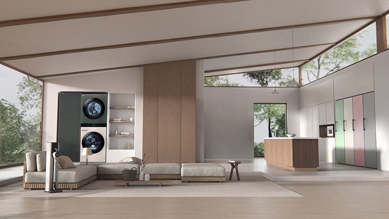 LG FWT1310BG It shows the LG object collection products placed in the living room- styler, refrigerator, wash tower, etc.