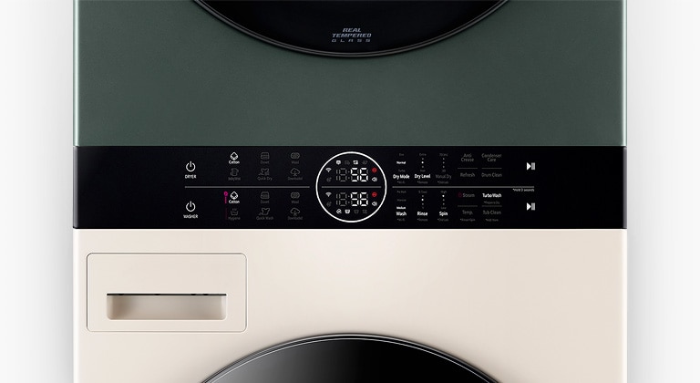 LG FWT1310BG Large view of the LG Objet WashTower center panel. A few buttons are on.