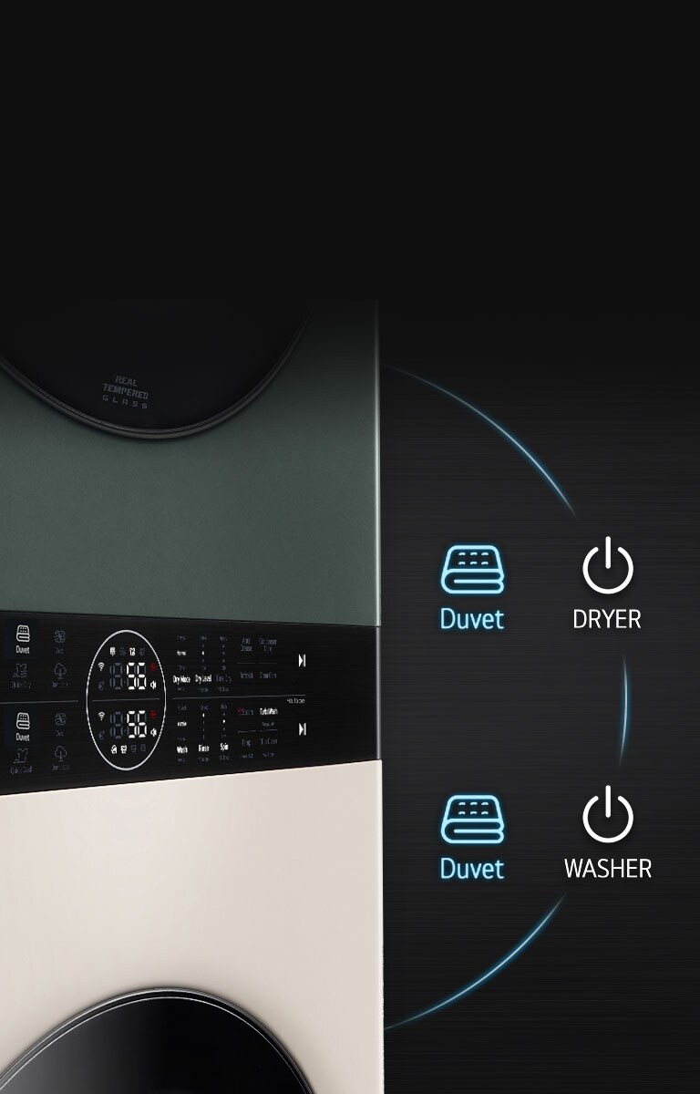 LG FWT1310BG This is an image of the product panel. Dryer's Duvet button and Washer's Duvet button are highlighted.