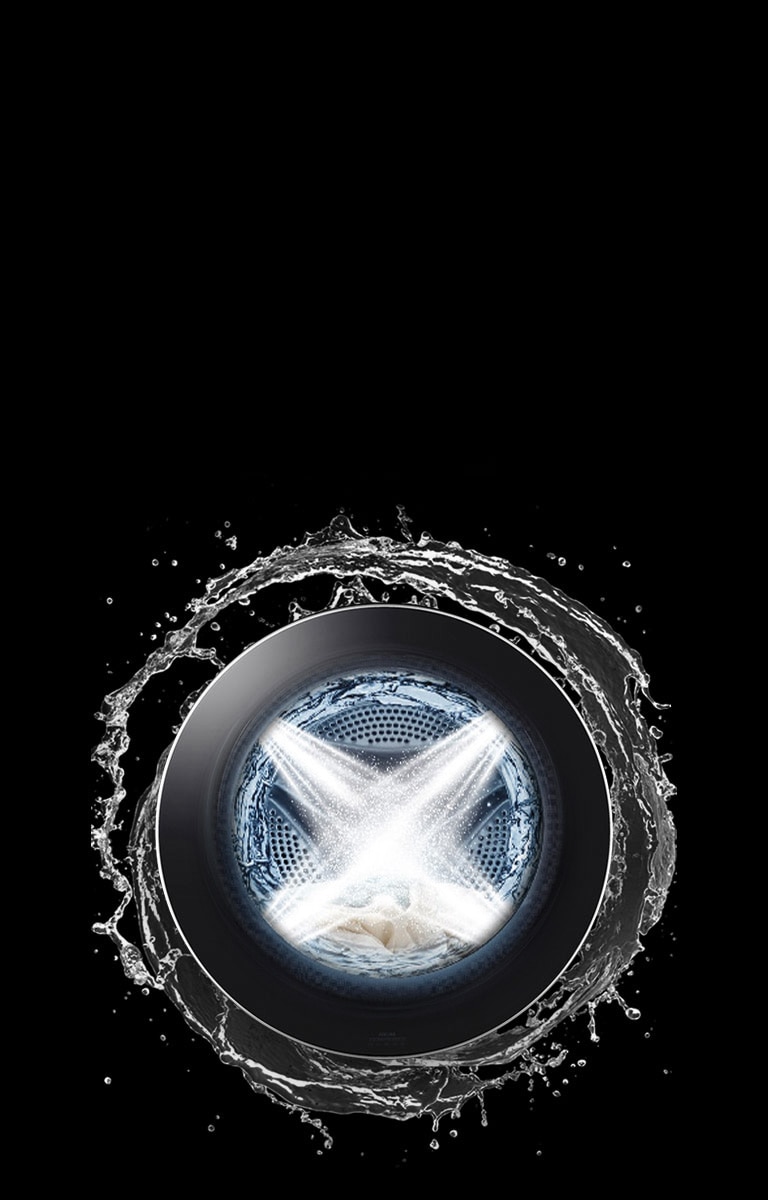 LG FWT1310BG There is a washing machine door, around which the water stream is spinning dynamically. Water spouts from five directions from the inside of the washing machine.