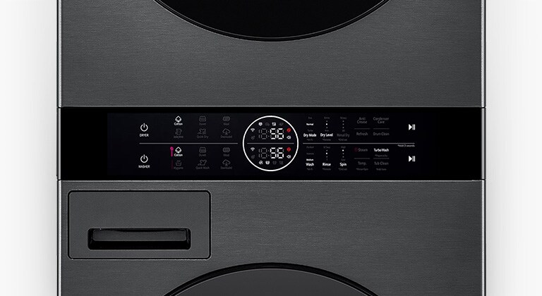 Large view of the LG Objet WashTower center panel. A few buttons are on.