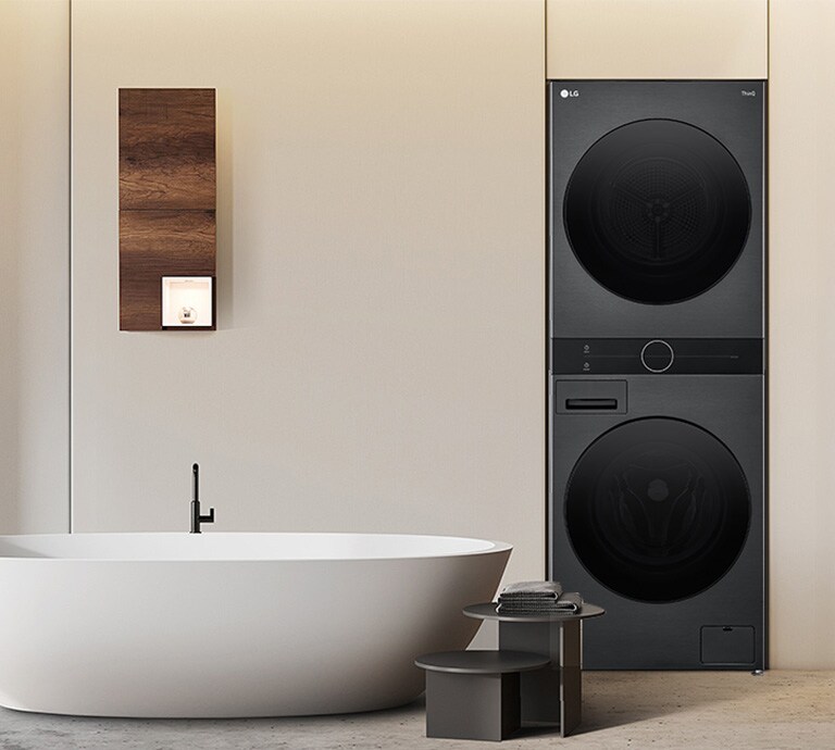LG Objet WashTower™ presents a harmonious interior that fits perfectly with the built-in furniture in the bathroom.