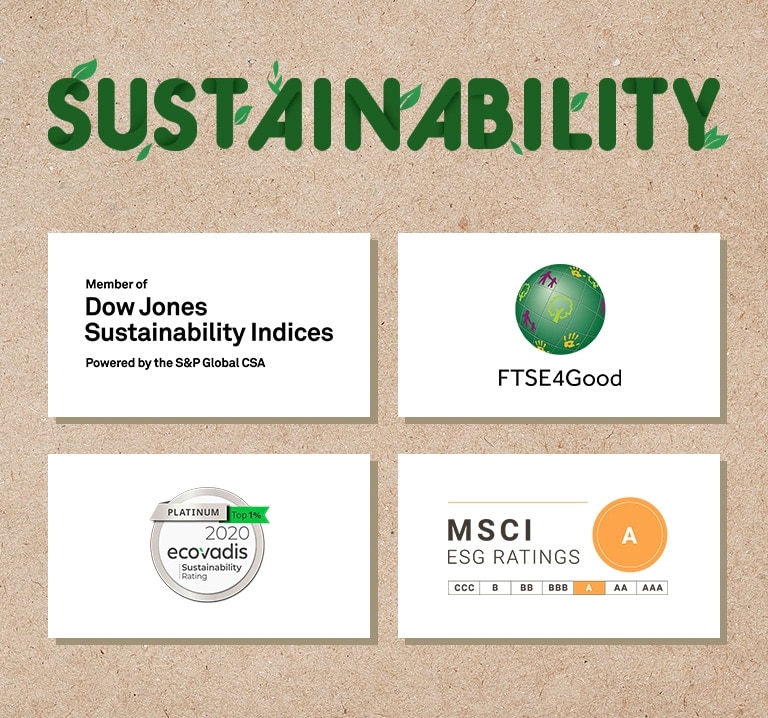 A logo of Dow Jones Sustainability Indices. A logo of FTSE4Good. A logo of Ecovadis Sustainability Rating. A logo of MSCI ESG Ratings.