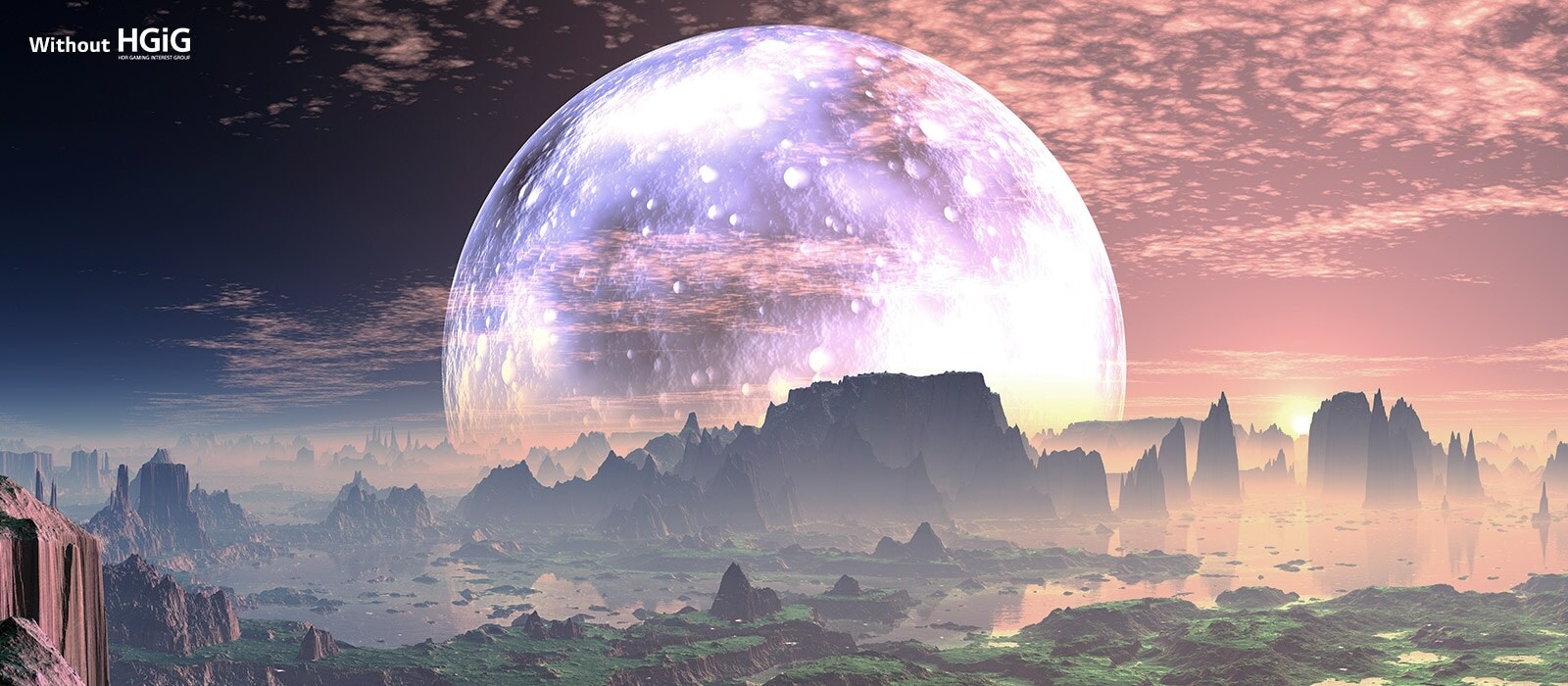 A scene of a dawn on Idyllic Earth-like Planet is divided into two part – on left is a more dull and less bright and the text says without HGiG on left top corner. On right is a brighter scene and the text says with HGiG on right top corner.