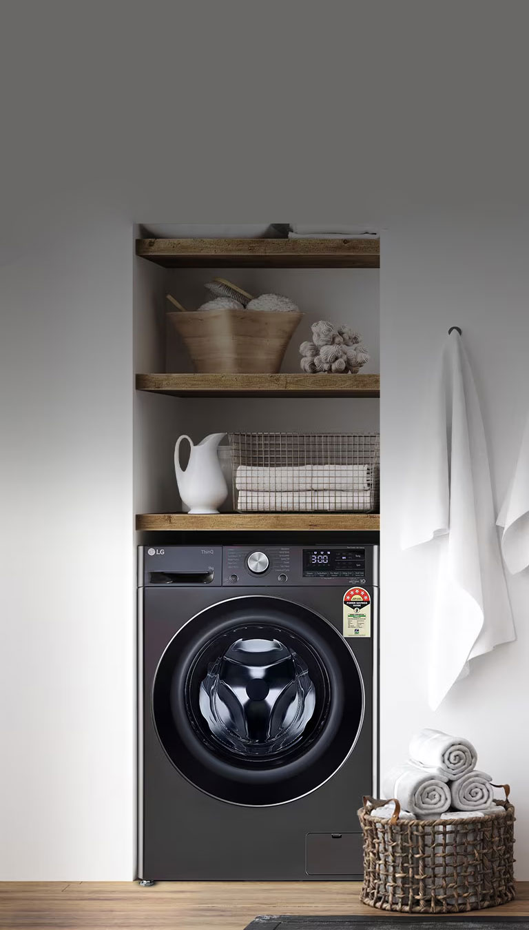 This is an image of a washing machine placed in a laundry room.