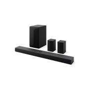 Soundbar, subwoofer e casse posteriori visti da tre quarti verso sinistra