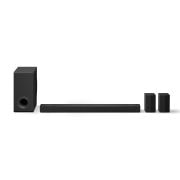 Immagine della soundbar con subwoofer e casse posteriori angolati verso sinistra