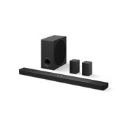 Immagine della soundbar S90TR con subwoofer e casse posteriori angolati verso sinistra