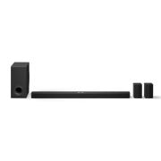 Immagine della soundbar S90TR con subwoofer e casse posteriori angolati verso sinistra