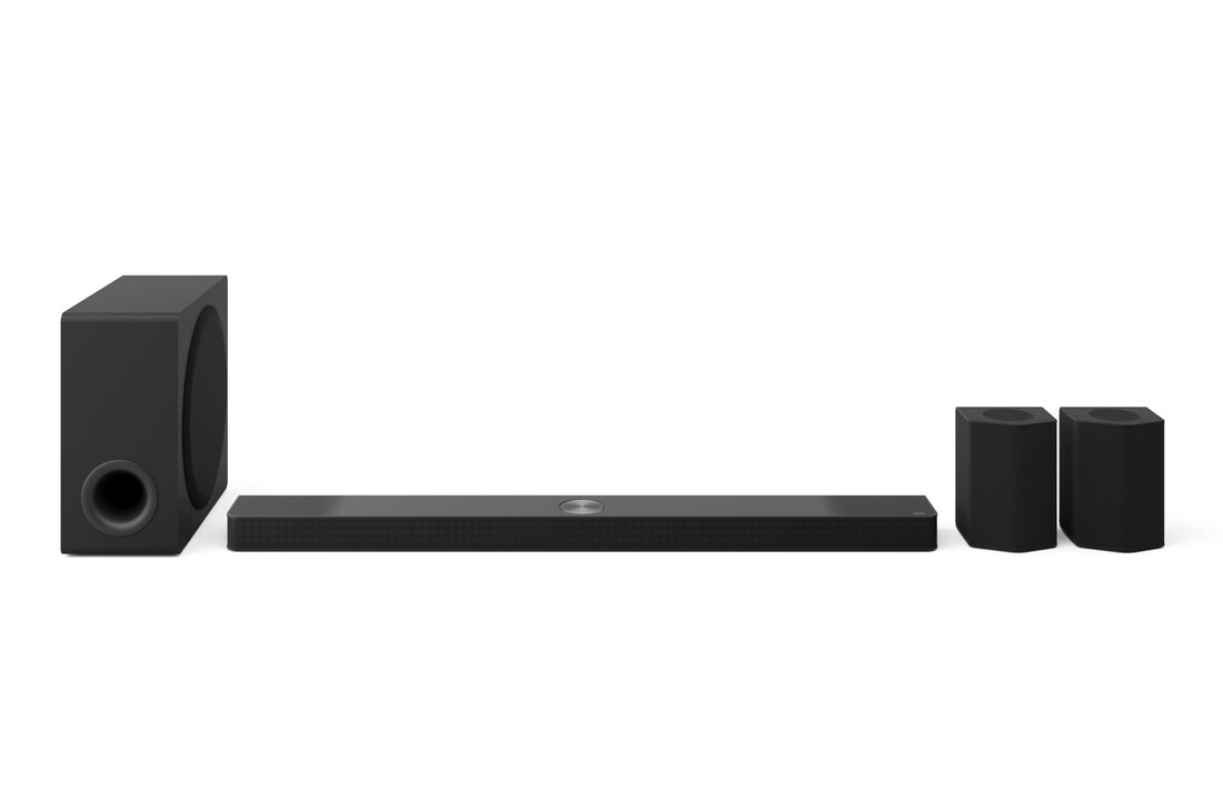 Immagine frontale della soundbar con subwoofer e casse posteriori 