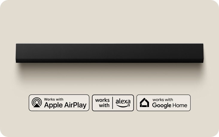 Prospettiva dall'alto della soundbar. Logo Apple AirPlay Logo Amazon Alexa Logo Google Home