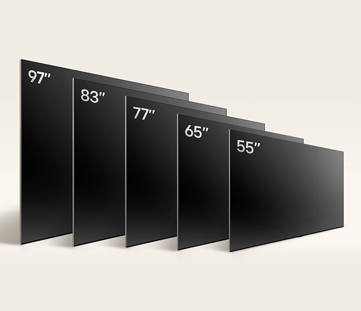 Immagine con la gamma completa di TV della serie G4 disponibili: 97'', 83'', 77'', 65'' e 55''.