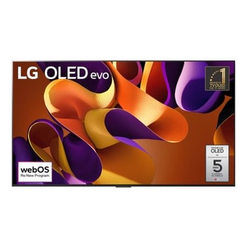 Vista frontale con TV LG OLED evo G4, OLED65G45LW, Emblema di  marchio numero 1 al mondo da 11 anni per TV OLED e logo della garanzia di 5 anni sul pannello sullo schermo.