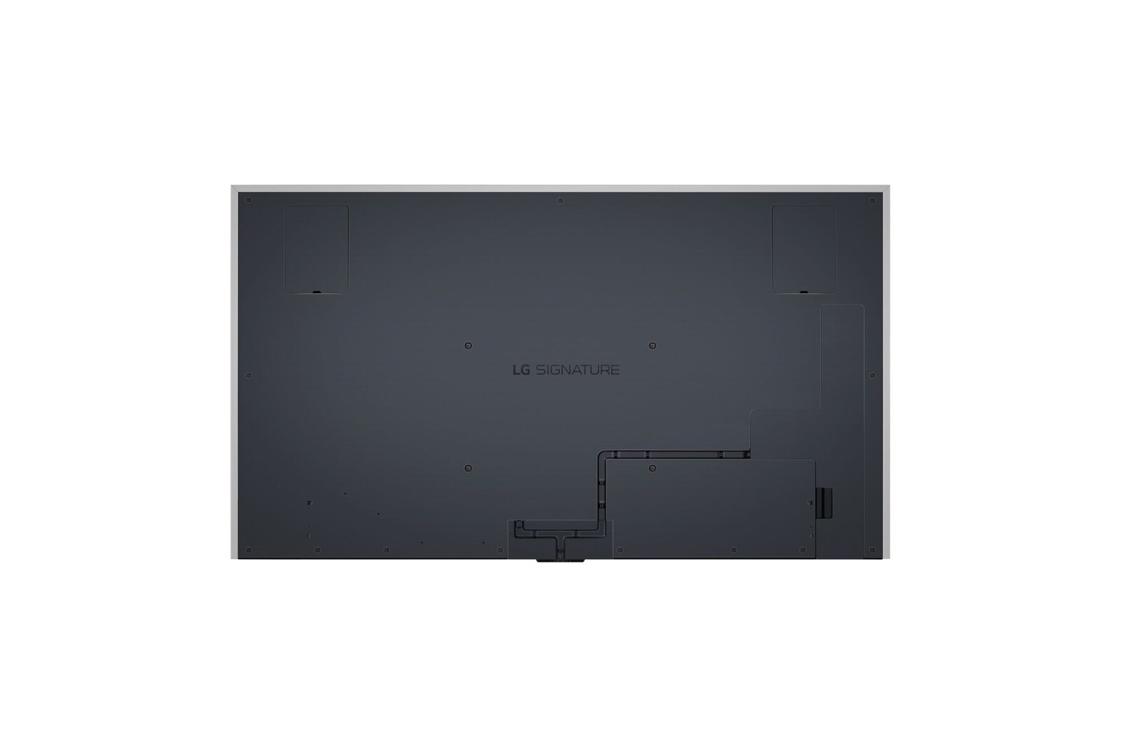 An LG SIGNATURE OLED M4 within an angled perspective mounted on the wall of a bright, modern living room. A Zero Connect Box on a table in front, and a red Wi-Fi signal and red beam emitting towards the TV. The words "clutter FREE" in the bottom right corner.