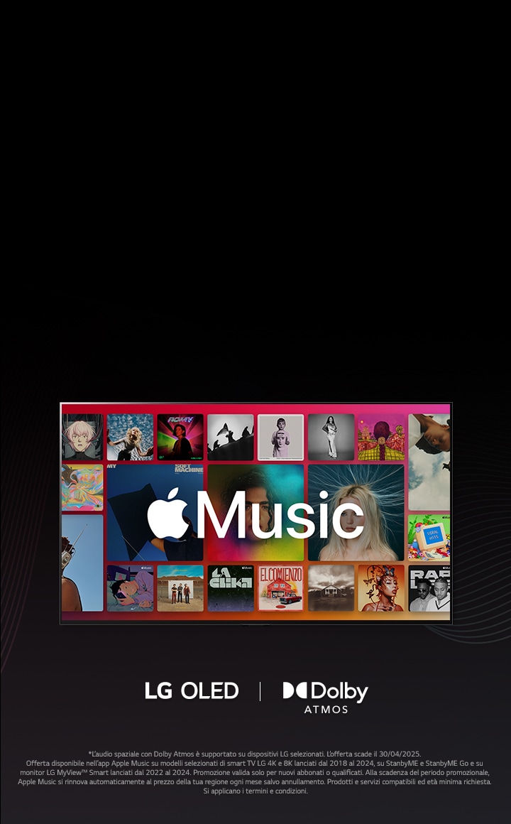 Una disposizione a griglia di album con il logo Apple Music sovrapposto, con il logo LG OLED e Dolby Atmos sotto.