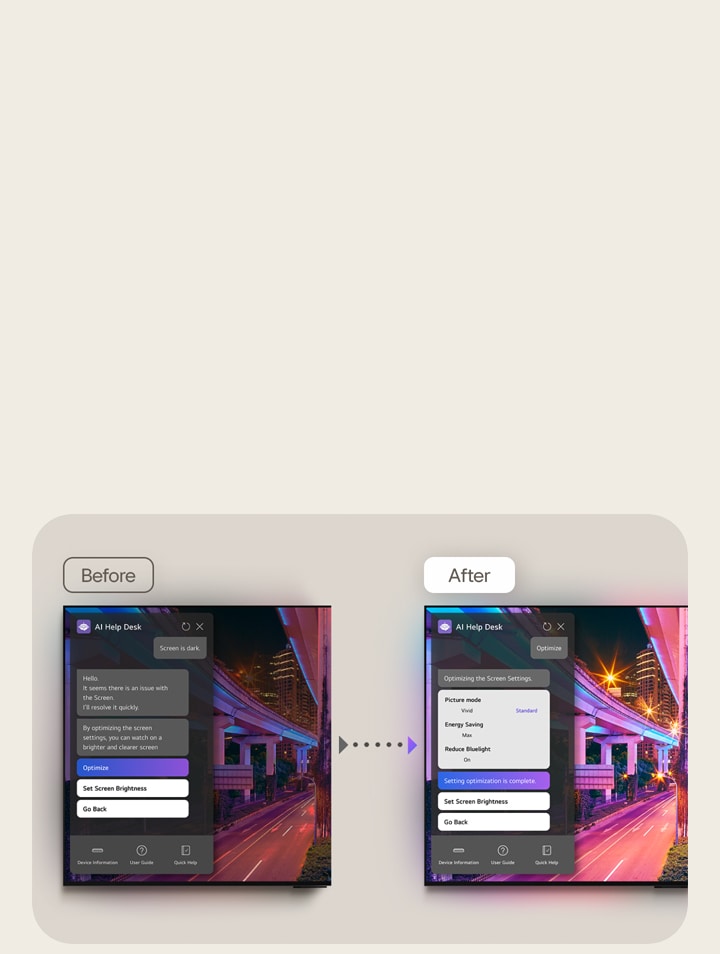 Vengono visualizzate immagini del prima e del dopo di una LG TV una a fianco all’altra. La schermata “Prima” presenta un’immagine scura con un popup per l’AI Help Desk. L’utente scrive nella chat: “Lo schermo è scuro”. La risposta dice: “Ciao, sembra ci sia un problema con lo schermo. Lo risolvo velocemente. Ottimizzando le impostazioni dello schermo puoi vedere le immagini più chiare e più nette”. L’utente fa clic sul tasto “Optimize” (ottimizza). La schermata “Dopo” ha un’immagine più brillante e netta. Il popup della chat AI Help Desk dice: “Ottimizzando le impostazione dello schermo. Modalità immagine = vivace. Risparmio energetico = max. Riduci luce blu = on. L’ottimizzazione delle impostazioni è completata”.