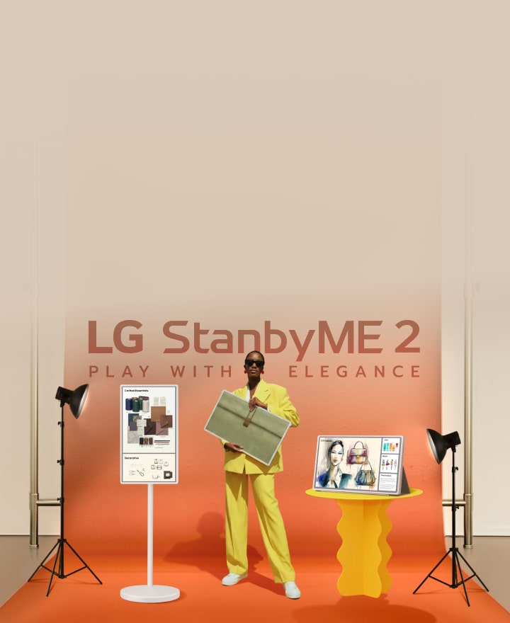 Banner promozionale LG StanbyME 2 con una modella che tiene il dispositivo in studio. Il testo evidenzia 300€ di sconto più altri vantaggi durante il TikTok Live.