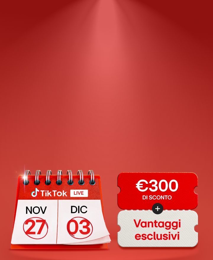 Banner del TikTok Live del 27 novembre e 3 dicembre che mostra 300€ di sconto più vantaggi esclusivi per StanbyME 2, con una grafica del calendario e un pulsante “Registrati ora“