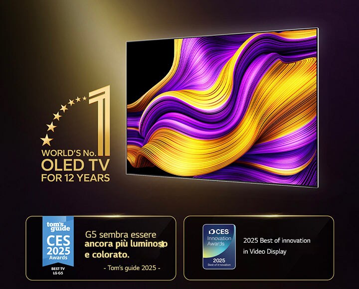 È visibile l’LG OLED TV con l’emblema OLED TV numero 1 al mondo da 12 anni. Sono presenti anche i premi vinti. Tom's Guide 2025 CES Awards, Best TV, G5 sembra essere ancora più luminoso e colorato. CES Innovation Awards 2025, Best of Innovation 2025 per la categoria Video Display