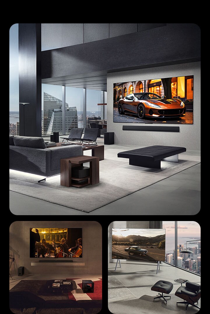 Tre salotti diversi con una TV True Wireless di LG la quale mostra quanto sia ordinato lo spazio senza bisogno di cavi. Anche la Zero Connect Box si vede nascosta da qualche parte.